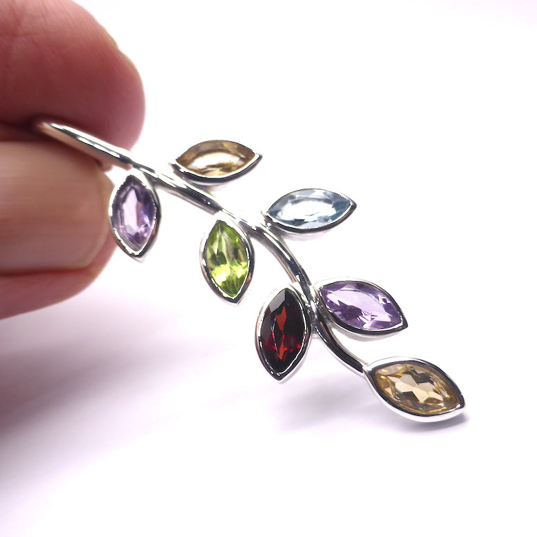 Nature Pendant ~ Faceted Marquis Stones set as leaves on Silver Branch | Amethyst, Blue Topaz, Citrine, Garnet and Peridot  | Genuine Gems from Crystal Heart Melbourne Australia since 1986