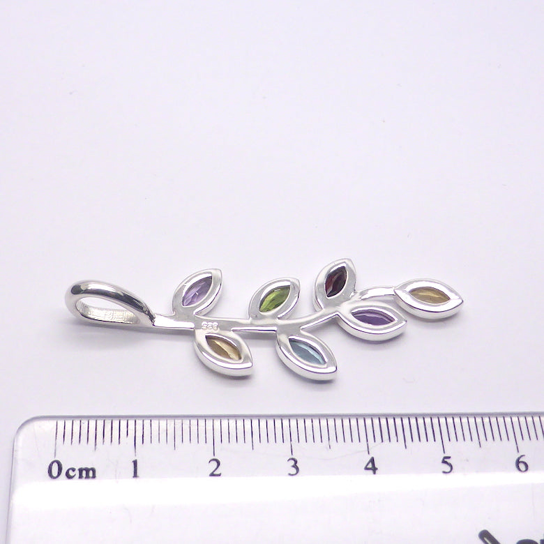 Nature Pendant ~ Faceted Marquis Stones set as leaves on Silver Branch | Amethyst, Blue Topaz, Citrine, Garnet and Peridot  | Genuine Gems from Crystal Heart Melbourne Australia since 1986