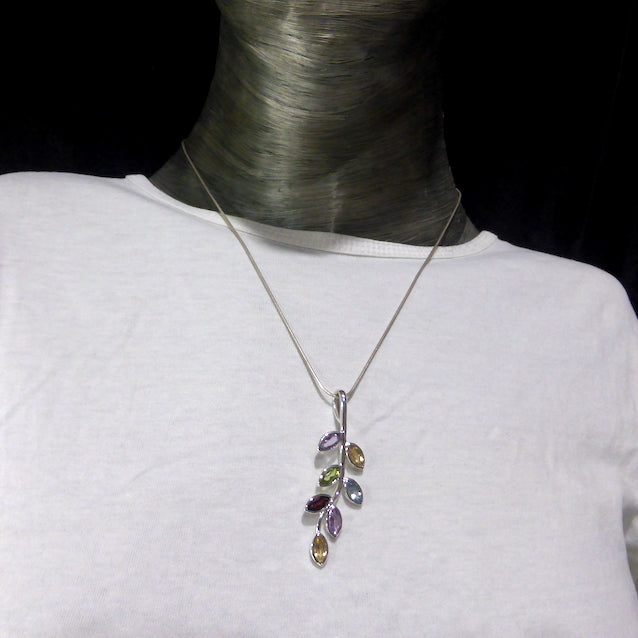 Nature Pendant ~ Faceted Marquis Stones set as leaves on Silver Branch | Amethyst, Blue Topaz, Citrine, Garnet and Peridot  | Genuine Gems from Crystal Heart Melbourne Australia since 1986