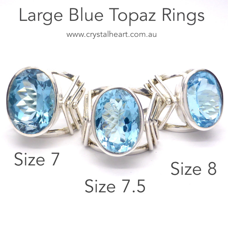 Large Blue Topaz Faceted Oval Rings | Flawless | 925 Sterling Silver | US Size 7 | 7.5 | 8 | Genuine Gems from Crystal Heart Melbourne Australia since 1986