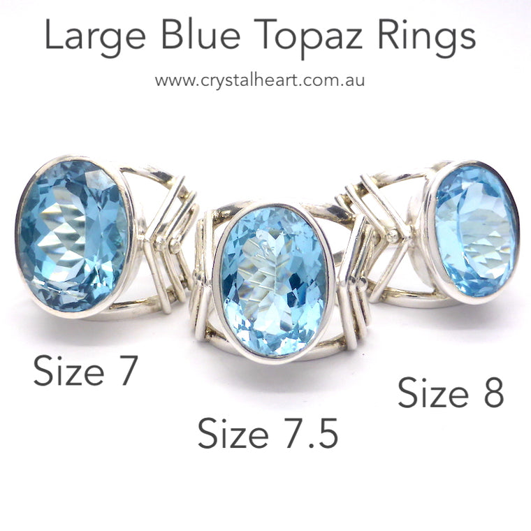 Blue Topaz Ring, Large Faceted Oval, 925 Silver