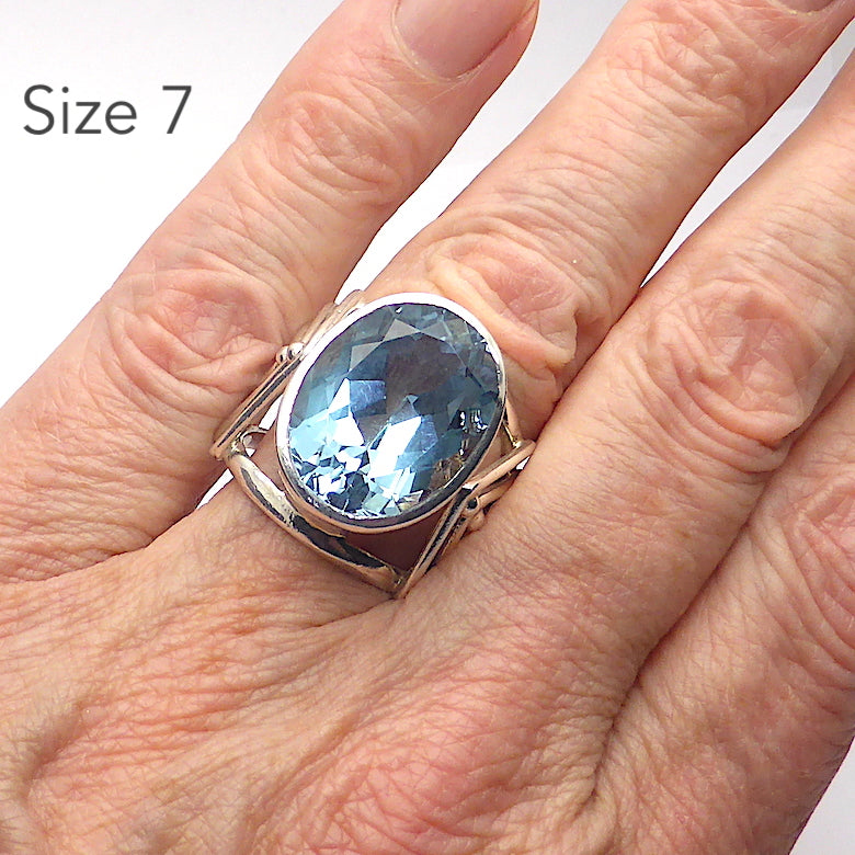 Blue Topaz Ring, Large Faceted Oval, 925 Silver