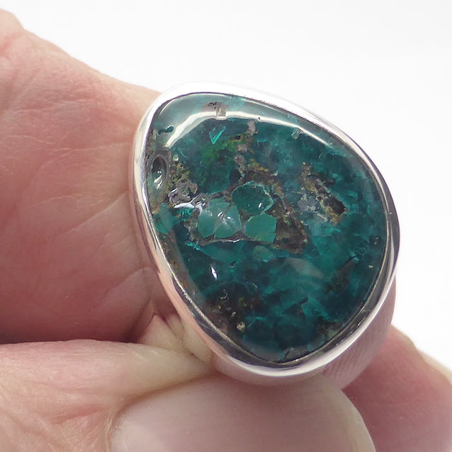 Dioptase Ring |  Freeform Cabochon | 925 Sterling Silver | Gemmy Crystals in Quartz | Genuine Gems from Crystal Heart Melbourne Australia since 1986