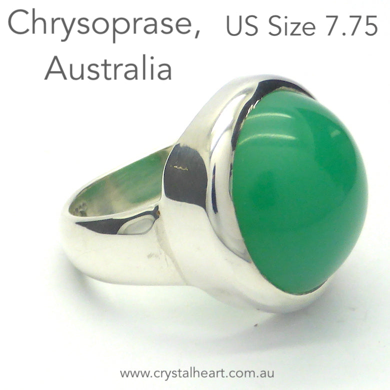 Chrysoprase Ring | Oval Cabochon | 925 Sterling Silver | US Size 7.75, AUS size P | Perfect Apple Green | AKA Australian Jade | Empowering Heart Centred Healer | Psychic Powers | Genuine Gemstones from Crystal Heart Melbourne Australia since 1986
