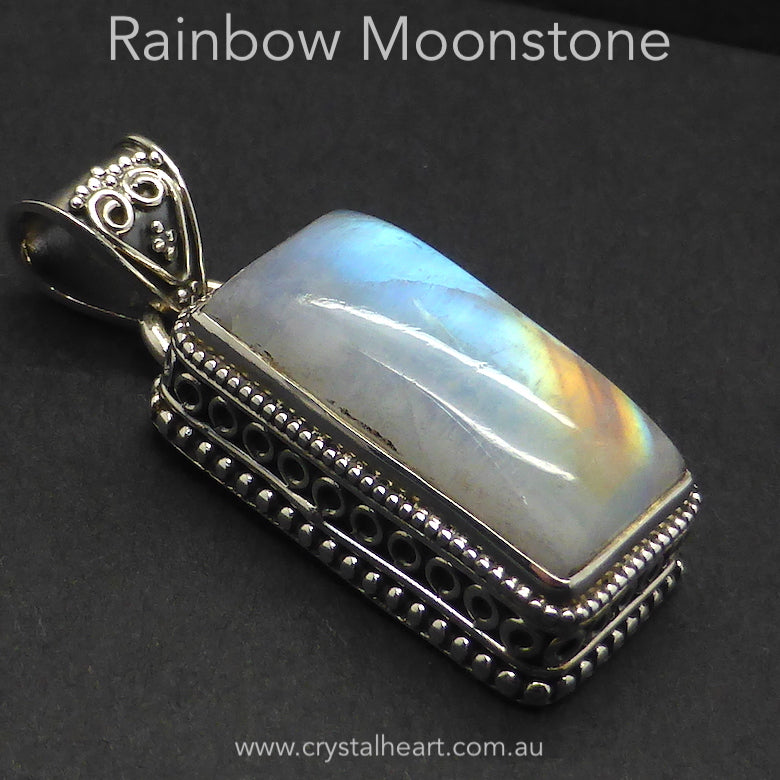 Natural Rainbow Moonstone Pendant | Cabochon | 925 Sterling Silver | Antique Handcrafted Deep Bezel | Open Back | Blue Gold Flashes | Cancer Libra Scorpio Stone | Genuine Gems from Crystal Heart Melbourne Australia 1986