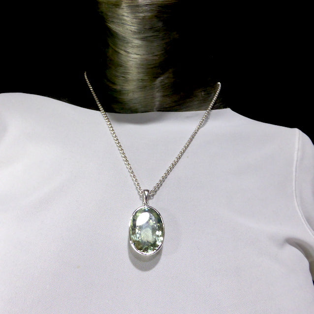  Large Flawless AAA Grade Prasiolite Pendant | 925 Sterling Silver | AKA Green Amethyst | faceted oval | Ethnic silver work on wide border | Genuine Gems from Crystal Heart Melbourne Australia since 1986 