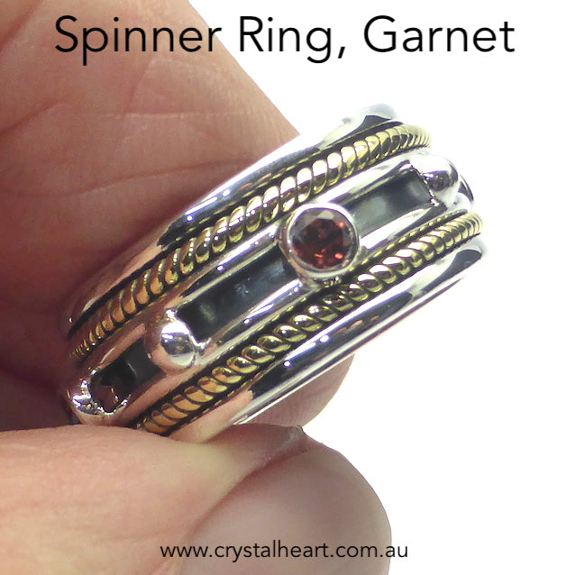 Spinner Ring with 4 Garnet faceted rounds set on a central band that spins  | 925 Sterling Silver with Gold Highlights | Genuine Gems from Crystal Heart Melbourne Australia since 1986