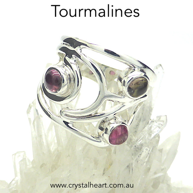 Designer Ring | Genuine Tourmalines | red pink green | 3 round Cabochon set in  925 Silver Swirls | US ring Size 8,9, 10 | Also available in Mixed Stones, Ethiopian Opal and Rainbow Moonstone | Genuine Gems from Crystal Heart Melbourne since 1986
