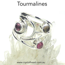 Load image into Gallery viewer, Designer Ring | Genuine Tourmalines | red pink green | 3 round Cabochon set in  925 Silver Swirls | US ring Size 8,9, 10 | Also available in Mixed Stones, Ethiopian Opal and Rainbow Moonstone | Genuine Gems from Crystal Heart Melbourne since 1986
