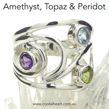 Load image into Gallery viewer, Designer Ring | Genuine Tourmalines | red pink green | 3 round Cabochon set in  925 Silver Swirls | US ring Size 8,9, 10 | Also available in Mixed Stones, Ethiopian Opal and Rainbow Moonstone | Genuine Gems from Crystal Heart Melbourne since 1986