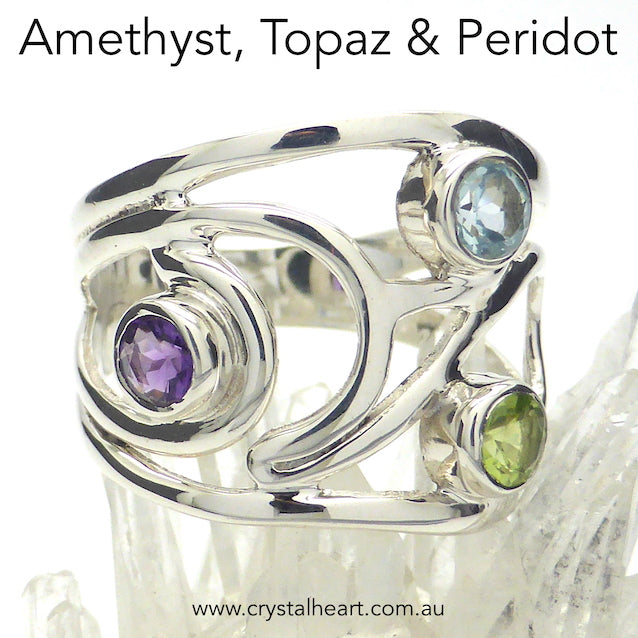 Designer Ring | Genuine Tourmalines | red pink green | 3 round Cabochon set in  925 Silver Swirls | US ring Size 8,9, 10 | Also available in Mixed Stones, Ethiopian Opal and Rainbow Moonstone | Genuine Gems from Crystal Heart Melbourne since 1986