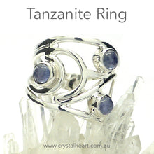 Load image into Gallery viewer, Designer Ring | 3 round 5mm Cabochons of Tanzanite set in 925 Silver Swirls | US ring Size 8, 9, 10 | Also available in Tourmalines, Mixed Stones, Ethiopian Opal and Rainbow Moonstone | Genuine Gems from Crystal Heart Melbourne since 1986