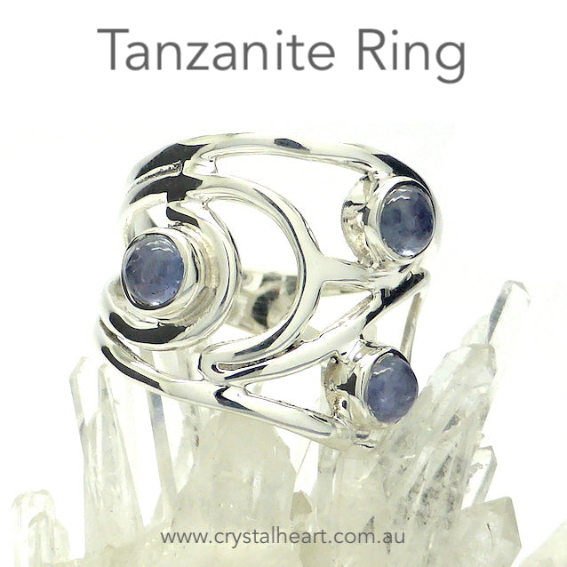 Tanzanite Ring, 3 stones in 925 Silver Swirls, gd6