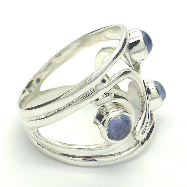 Designer Ring | 3 round 5mm Cabochons of Tanzanite set in 925 Silver Swirls | US ring Size 8, 9, 10 | Also available in Tourmalines, Mixed Stones, Ethiopian Opal and Rainbow Moonstone | Genuine Gems from Crystal Heart Melbourne since 1986