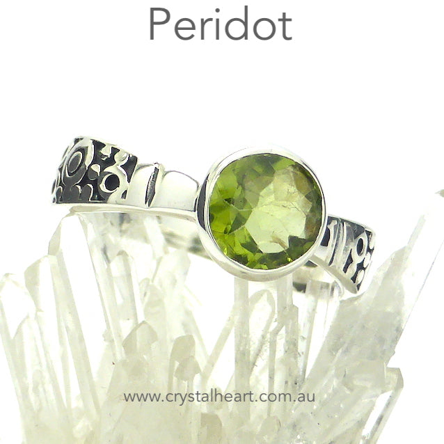 Peridot Gemstone Ring with Top Quality 8 mm round Faceted Stone  | 925 Silver | Elegant design, tapered band with engraving detail | Available in Peridot Citrine, Garnet, Blue Topaz, Amethyst and Opal | US Size 6,7,8,9,10 | Genuine Gemstones from  Crystal Heart Australia since 1986