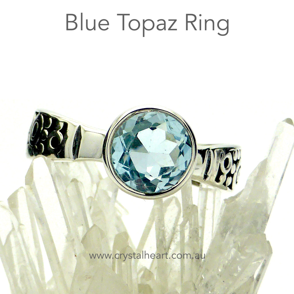 Gemstone Designer Ring with good Quality 8 mm round Faceted Stone  | 925 Silver | Elegant design, tapered band with engraving detail | Available in Peridot Citrine, Garnet, Blue Topaz, Amethyst and Opal | US Size 6,7,8,9,10 | Genuine Gemstones from  Crystal Heart Australia since 1986