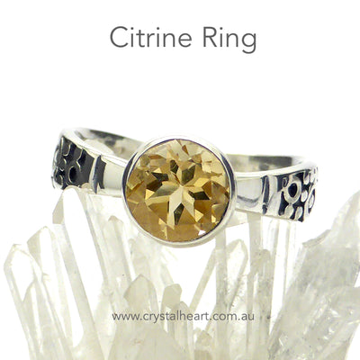 Gemstone Designer Ring with good Quality 8 mm round Faceted Stone  | 925 Silver | Elegant design, tapered band with engraving detail | Available in Peridot Citrine, Garnet, Blue Topaz, Amethyst and Opal | US Size 6,7,8,9,10 | Genuine Gemstones from  Crystal Heart Australia since 1986