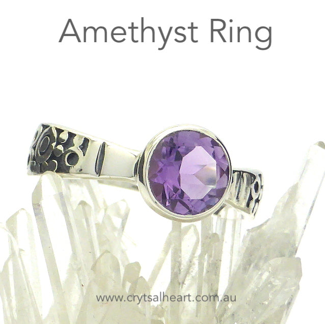 Amethyst Gemstone Ring with good Quality 8 mm round Faceted Stone  | 925 Silver | Elegant design, tapered band with engraving detail | Available in Peridot Citrine, Garnet, Blue Topaz, Amethyst and Opal | US Size 6,7,8,9,10 | Genuine Gemstones from  Crystal Heart Australia since 1986