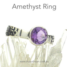 Load image into Gallery viewer, Amethyst Gemstone Ring with good Quality 8 mm round Faceted Stone  | 925 Silver | Elegant design, tapered band with engraving detail | Available in Peridot Citrine, Garnet, Blue Topaz, Amethyst and Opal | US Size 6,7,8,9,10 | Genuine Gemstones from  Crystal Heart Australia since 1986