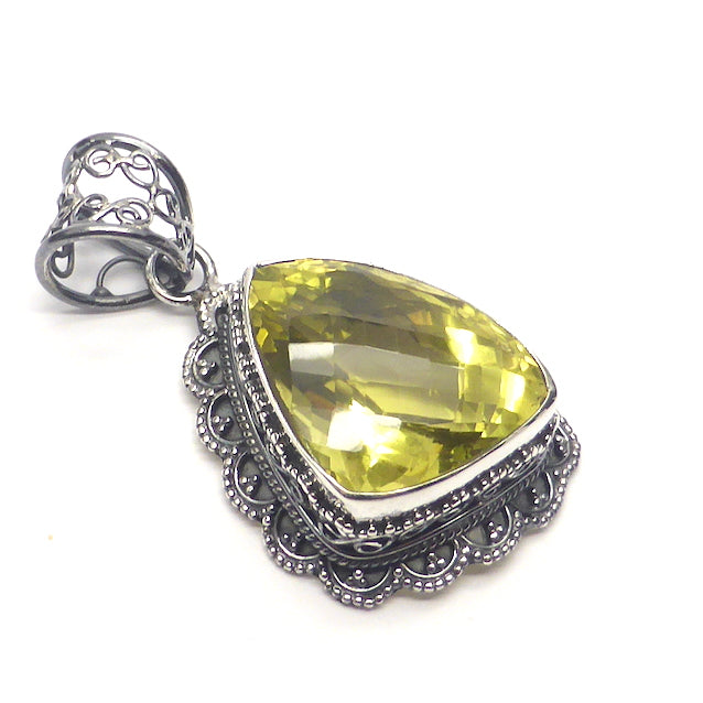 Divine large Faceted Freeform of Lemon Citrine set as a Pendant | Ornate partially oxidised 'Ethnic' Setting from with wide border | Genuine gemstones Crystal Heart Melbourne Australia since 1986
