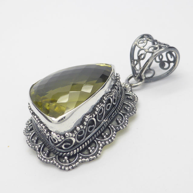 Divine large Faceted Freeform of Lemon Citrine set as a Pendant | Ornate partially oxidised 'Ethnic' Setting from with wide border | Genuine gemstones Crystal Heart Melbourne Australia since 1986