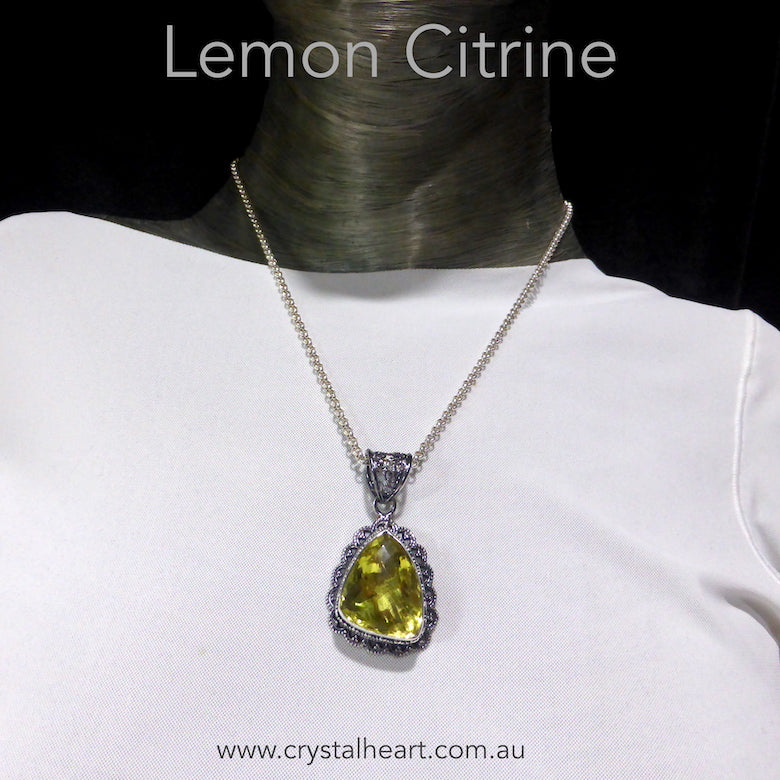 Divine large Faceted Freeform of Lemon Citrine set as a Pendant | Ornate partially oxidised 'Ethnic' Setting from with wide border | Genuine gemstones Crystal Heart Melbourne Australia since 1986