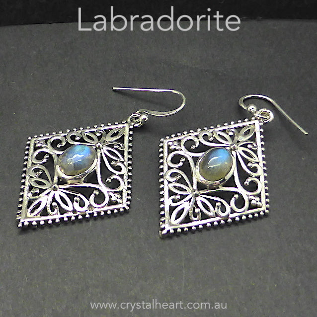 Labradorite Earring | 925 Sterling Silver | Stylish Ornate Diamond Design | Genuine Gems from Crystal Heart Melbourne since 1986