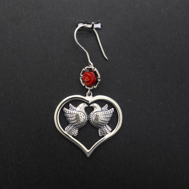 Frida Kahlo Earrings, Dove, Red Coral Rose, 925 Silver