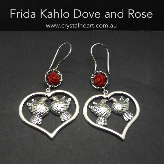 Frida Kahlo Earrings, Dove, Red Coral Rose, 925 Silver