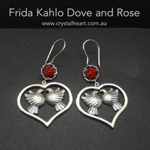Load image into Gallery viewer, Frida Kahlo Earrings, Dove, Red Coral Rose, 925 Silver