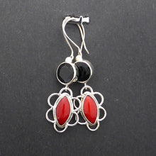 Load image into Gallery viewer, Earrings, Black Onyx Round Facet over Red Coral Marquise  | 925 Sterling Silver |  Genuine Gemstones from Crystal Heart Melbourne Australia since 1986