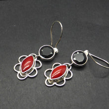 Load image into Gallery viewer, Earrings, Black Onyx Round Facet over Red Coral Marquise  | 925 Sterling Silver |  Genuine Gemstones from Crystal Heart Melbourne Australia since 1986