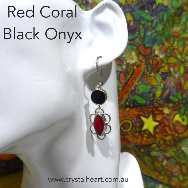 Red Coral with Black Onyx Earrings, 925 Silver