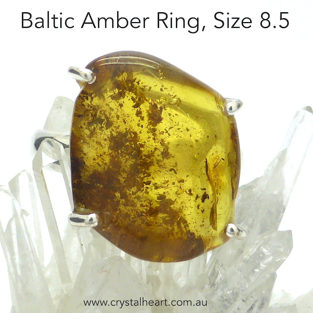 Baltic Amber Freeform Nugget Ring | 925 Sterling silver | US Size 8.5 | AUS Size Q 1/2 | Claw set | Open back | Genuine Gems from Crystal heart Melbourne Australia since 1986