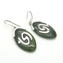 Load image into Gallery viewer, Hand carved Nephrite Jade Earrings |  Organically fitted 925 Silver Spirals giving the feeling of traditional Maori work | Genuine Gems from Crystal Heart Melbourne Australia since 1986