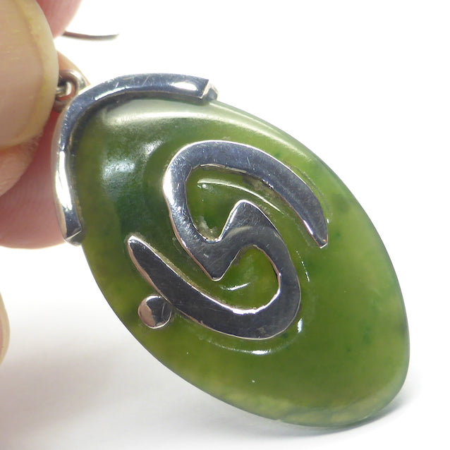 Hand carved Nephrite Jade Earrings |  Organically fitted 925 Silver Spirals giving the feeling of traditional Maori work | Genuine Gems from Crystal Heart Melbourne Australia since 1986