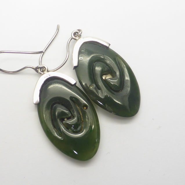 Hand carved Nephrite Jade Earrings |  Organically fitted 925 Silver Spirals giving the feeling of traditional Maori work | Genuine Gems from Crystal Heart Melbourne Australia since 1986
