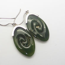 Load image into Gallery viewer, Hand carved Nephrite Jade Earrings |  Organically fitted 925 Silver Spirals giving the feeling of traditional Maori work | Genuine Gems from Crystal Heart Melbourne Australia since 1986