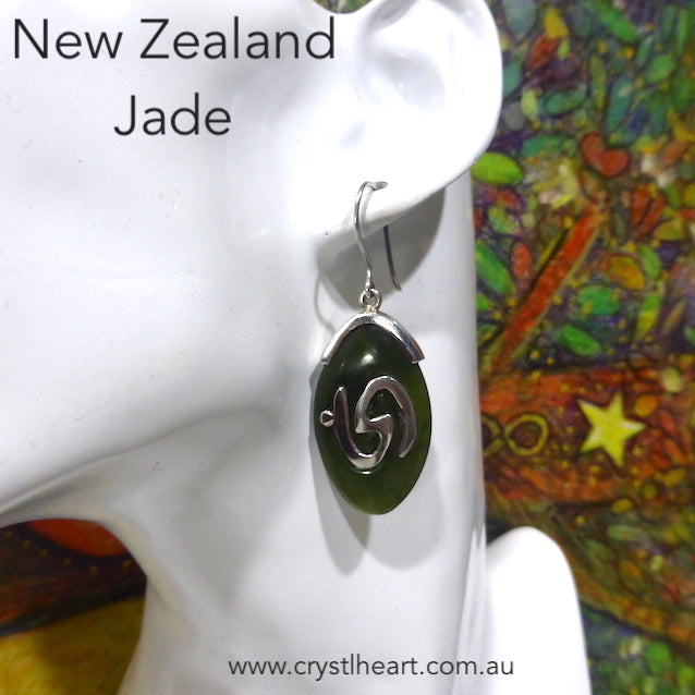 Hand carved Nephrite Jade Earrings |  Organically fitted 925 Silver Spirals giving the feeling of traditional Maori work | Genuine Gems from Crystal Heart Melbourne Australia since 1986