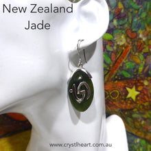 Load image into Gallery viewer, Hand carved Nephrite Jade Earrings |  Organically fitted 925 Silver Spirals giving the feeling of traditional Maori work | Genuine Gems from Crystal Heart Melbourne Australia since 1986