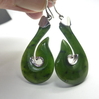 Hand carved Nephrite Jade Earrings |  Organically carved Fish Hook | 925 Silver | traditional Maori work | Genuine Gems from Crystal Heart Melbourne Australia since 1986