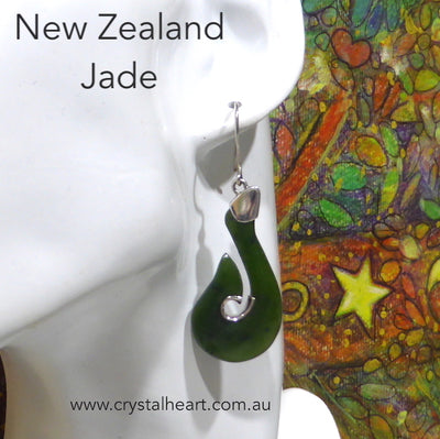 Hand carved Nephrite Jade Earrings |  Organically carved Fish Hook | 925 Silver | traditional Maori work | Genuine Gems from Crystal Heart Melbourne Australia since 1986