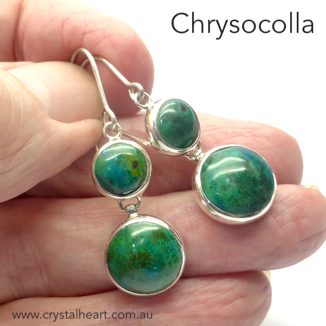 Chrysocolla Earrings | Two Round Cabochons set in line | 925 Sterling Silver | Bezel Set | Open Backs | Gaia Stone | Earth from Space |  | Genuine Gems from Crystal Heart Melbourne Australia since 1986