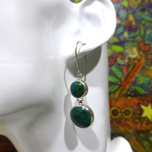 Chrysocolla Earrings | Two Round Cabochons set in line | 925 Sterling Silver | Bezel Set | Open Backs | Gaia Stone | Earth from Space |  | Genuine Gems from Crystal Heart Melbourne Australia since 1986