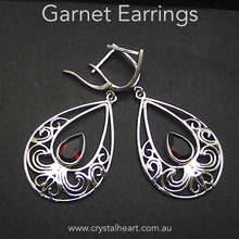 Load image into Gallery viewer, Garnet Earrings | Faceted Teardrop set in 925 Sterling Silver Filigree Basket | Genuine Gems from Crystal Heart Melbourne Australia since 1986