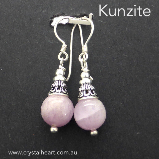Kunzite Earrings | 8 mm Beads | Nice Quality and colour | Ornate 925 Sterling Silver Cap connects to Hook | Our Fair Trade | Genuine Gems from Crystal heart Melbourne Australia since 1986