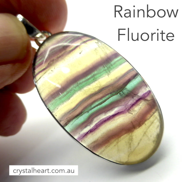 Fluorite Pendant | Oval Cabochon | 925 Sterling Silver | Natural waves Green & Purple | Gold background | Study | Pisces, Capricorn | Genuine Gems from Crystal Heart Melbourne Australia since 1986