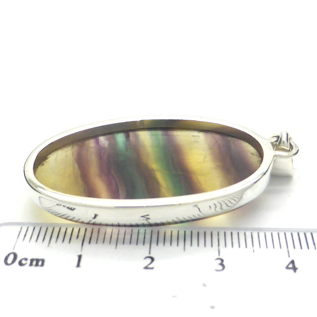Fluorite Pendant | Oval Cabochon | 925 Sterling Silver | Natural waves Green & Purple | Gold background | Study | Pisces, Capricorn | Genuine Gems from Crystal Heart Melbourne Australia since 1986