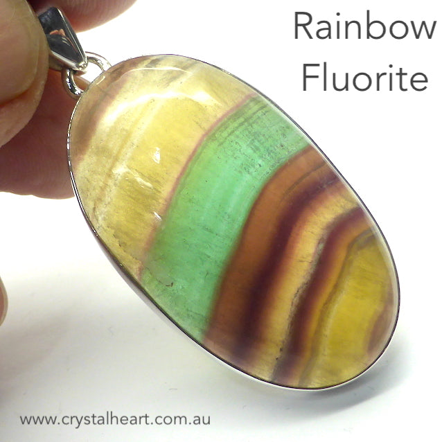 Fluorite Pendant | Oval Cabochon | 925 Sterling Silver | Natural waves Green & Purple | Gold background | Study | Pisces, Capricorn | Genuine Gems from Crystal Heart Melbourne Australia since 1986