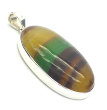 Load image into Gallery viewer, Fluorite Pendant | Oval Cabochon | 925 Sterling Silver | Natural waves Green &amp; Purple | Gold background | Study | Pisces, Capricorn | Genuine Gems from Crystal Heart Melbourne Australia since 1986
